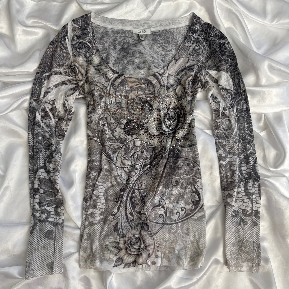 Cache Womens Gray Floral Lace Rhinestone Embellished Long Sleeve Scoop Top XS